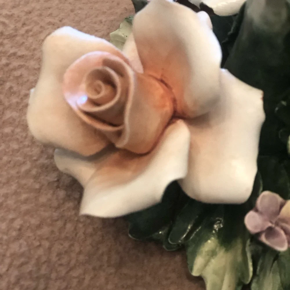 Vintage Capodimonte Yellow Rose Floral Accent with Green Leaves Candleholder